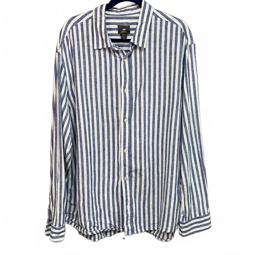 H&M Navy and White Striped Button-Up Casual Classy Shirt XL